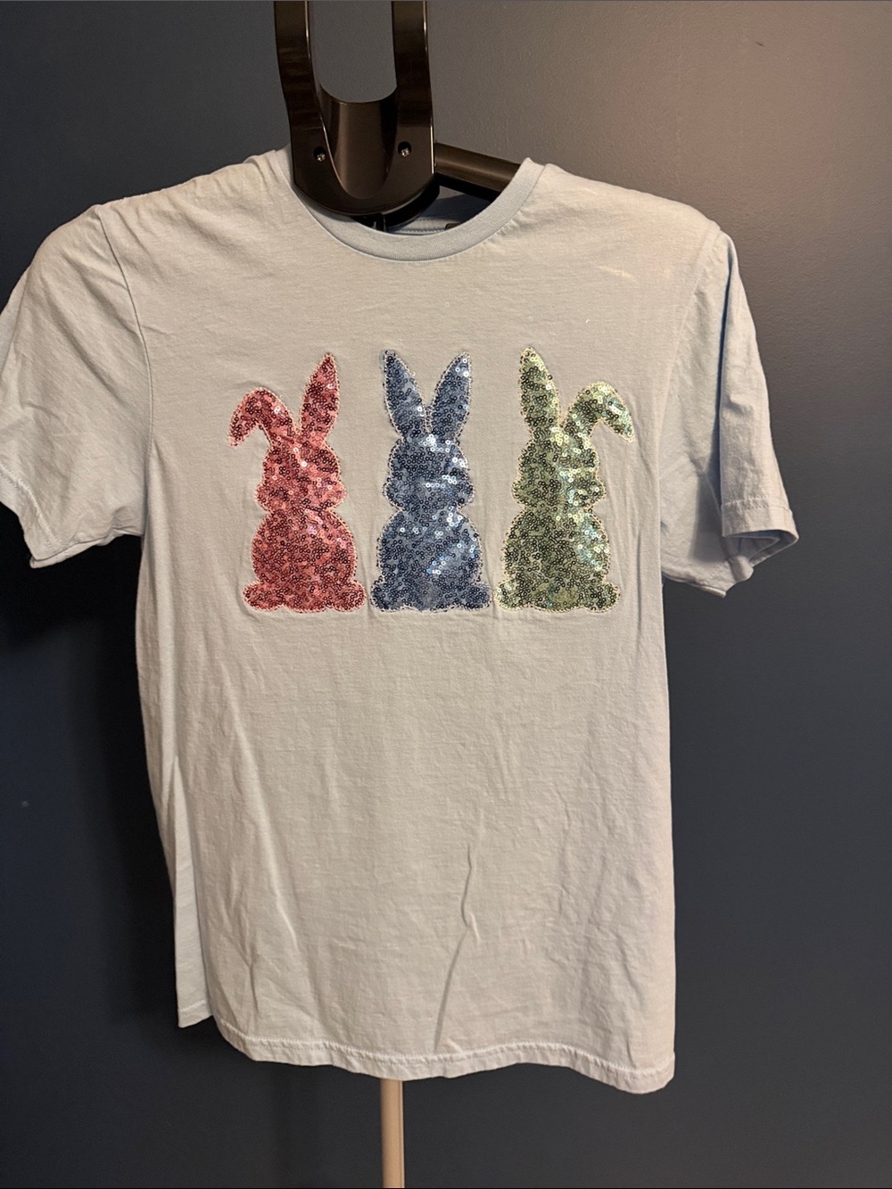 Sequin Bunny Graphic Tee - Light Blue with Pink, Blue & Green Sequins